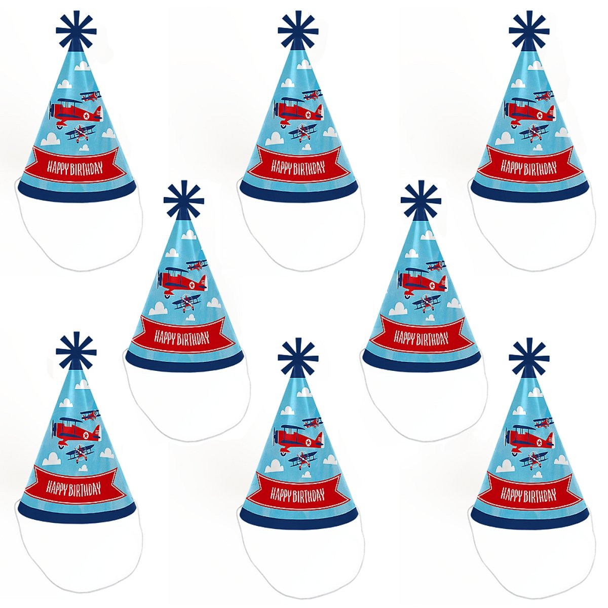 Big Dot of Happiness Taking Flight - Airplane - Cone Happy Birthday Party Hats for Kids and Adults - Set of 8 (Standard Size)