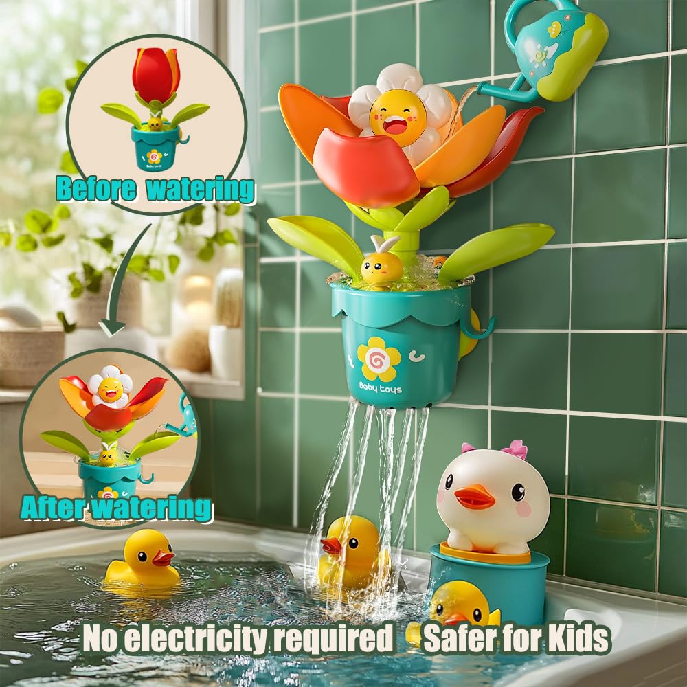 Seeyoo Baby Bath Toy Flower Watering Can Pool Bath Tub Toy with Strong Suction Cup for Baby Age 3+ Years Old Toddlers Boys Girls, BPA Free, Kids