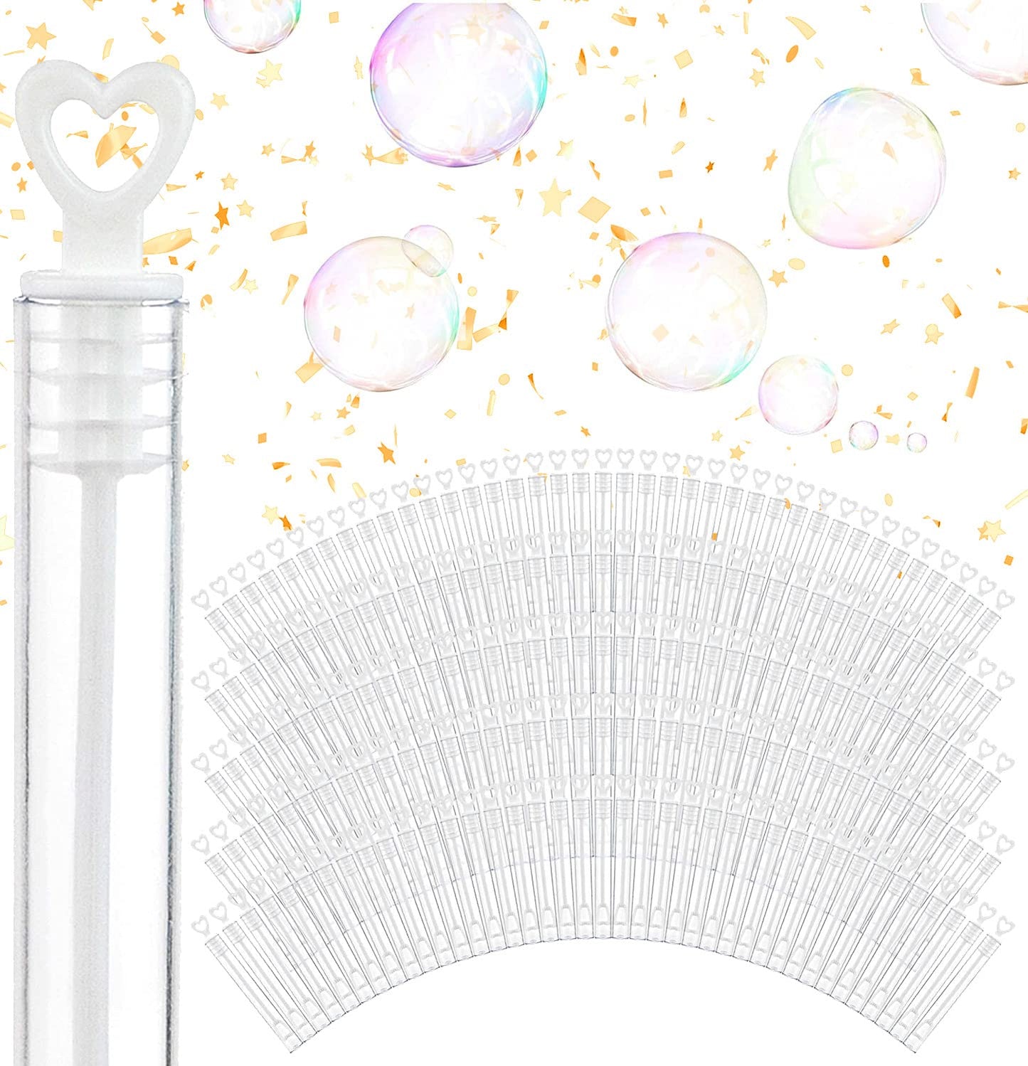 Wedding Bubbles Bulk - White Heart Top Wands (100 Count) Individual Mini Bubble Wand Favors for Weddings, Celebration Party Favor for Guests - Stock
