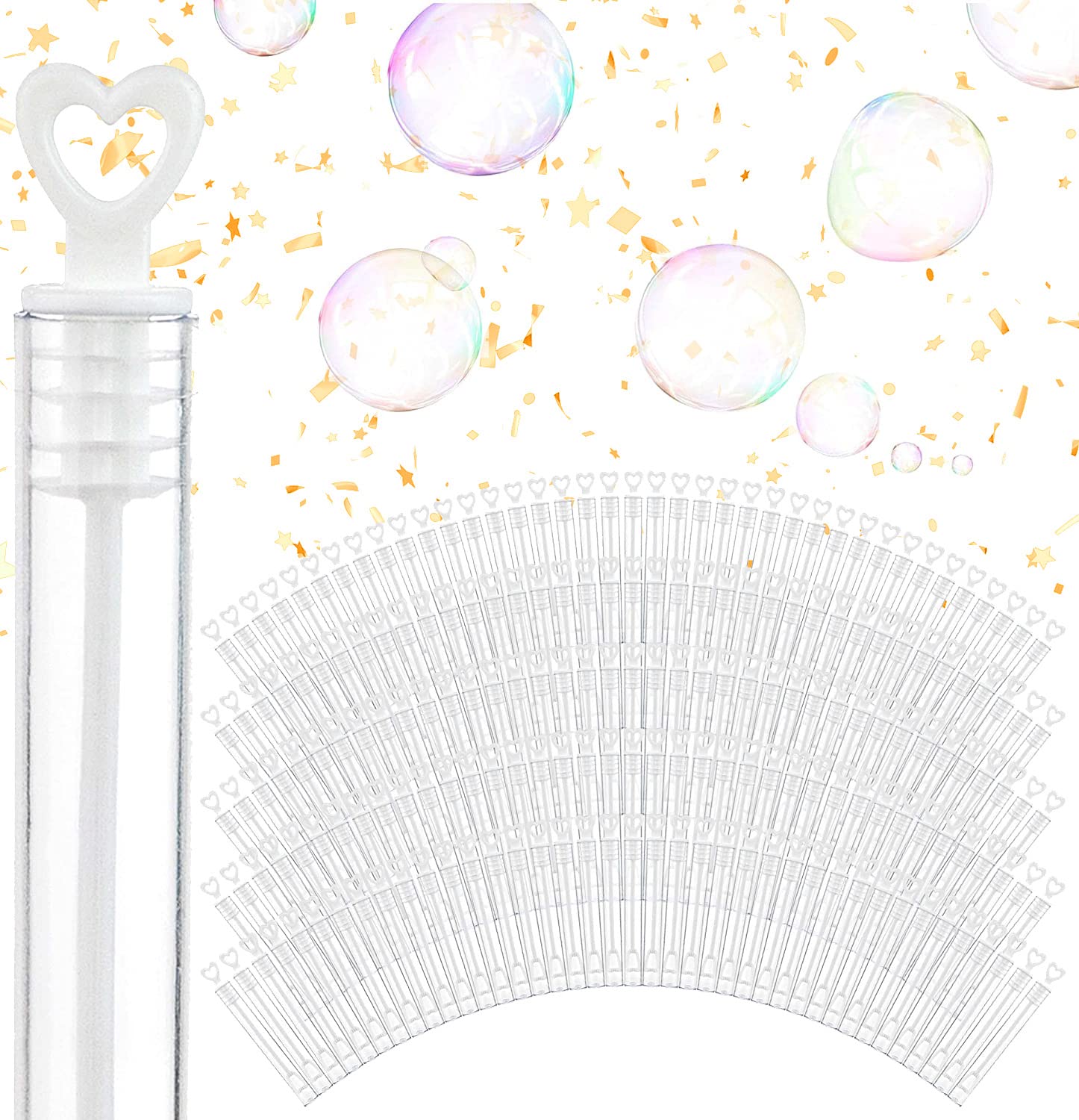 Wedding Bubbles Bulk - White Heart Top Wands (100 Count) Individual Mini Bubble Wand Favors for Weddings, Celebration Party Favor for Guests - Stock