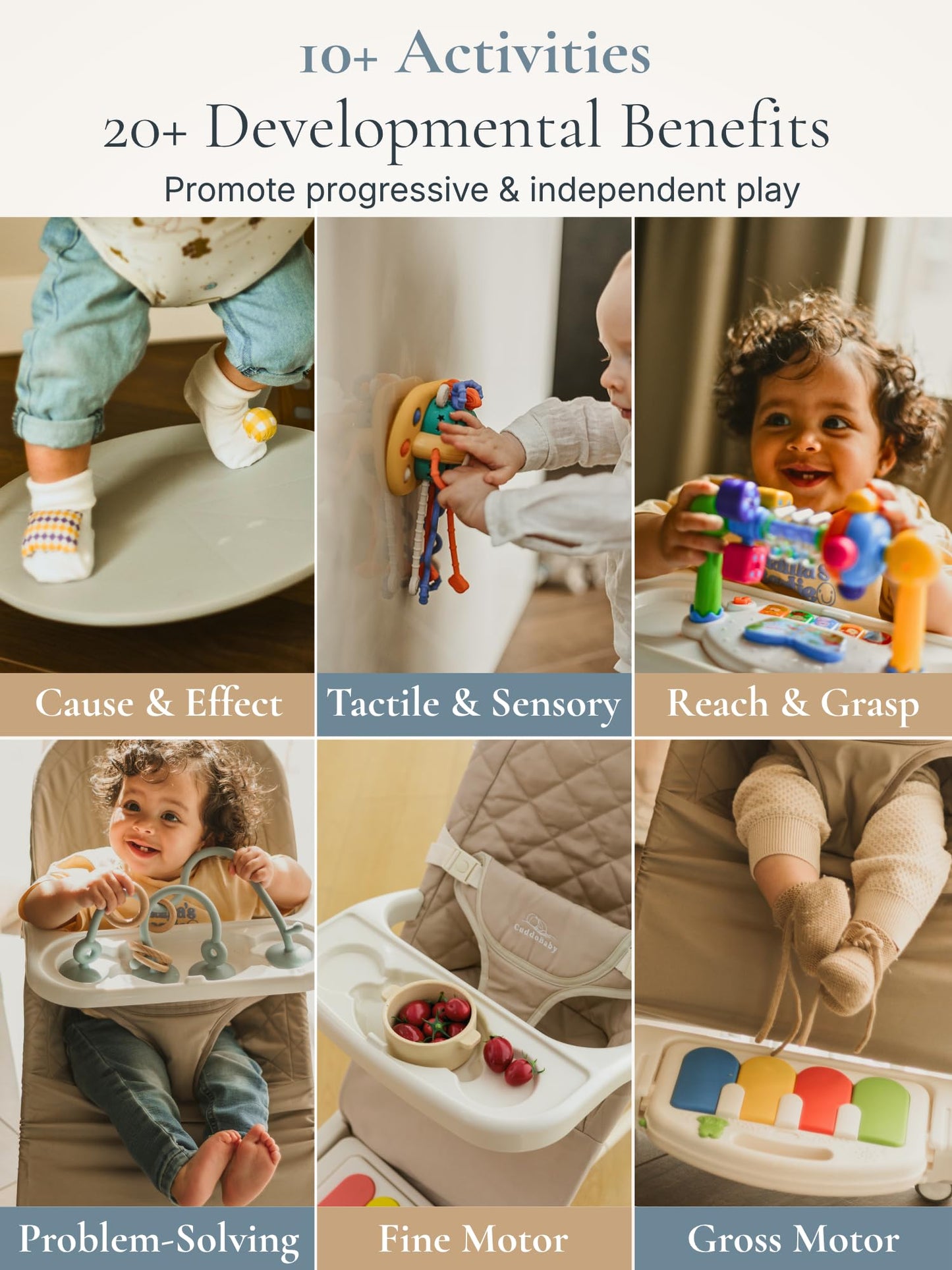 Cuddo Baby Bouncer Montessori| Sensory Toy, Piano, Tray, Rattle Socks| Khaki