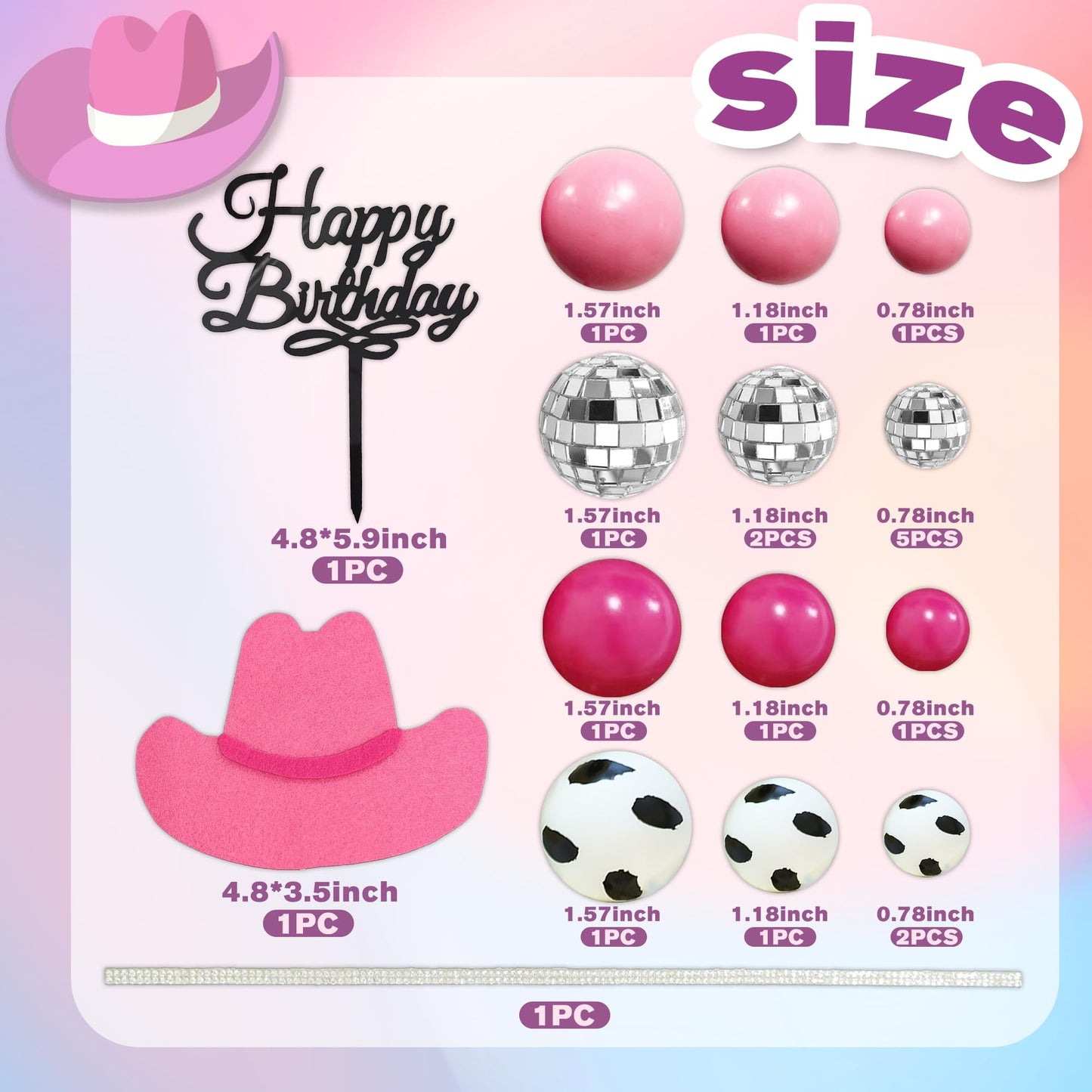 Cowgirl Cake Topper Hot Pink Cake Decoration Shiny Cowgirl Hat Disco Balls for Western Theme Cowgirl Birthday Supplies (01)