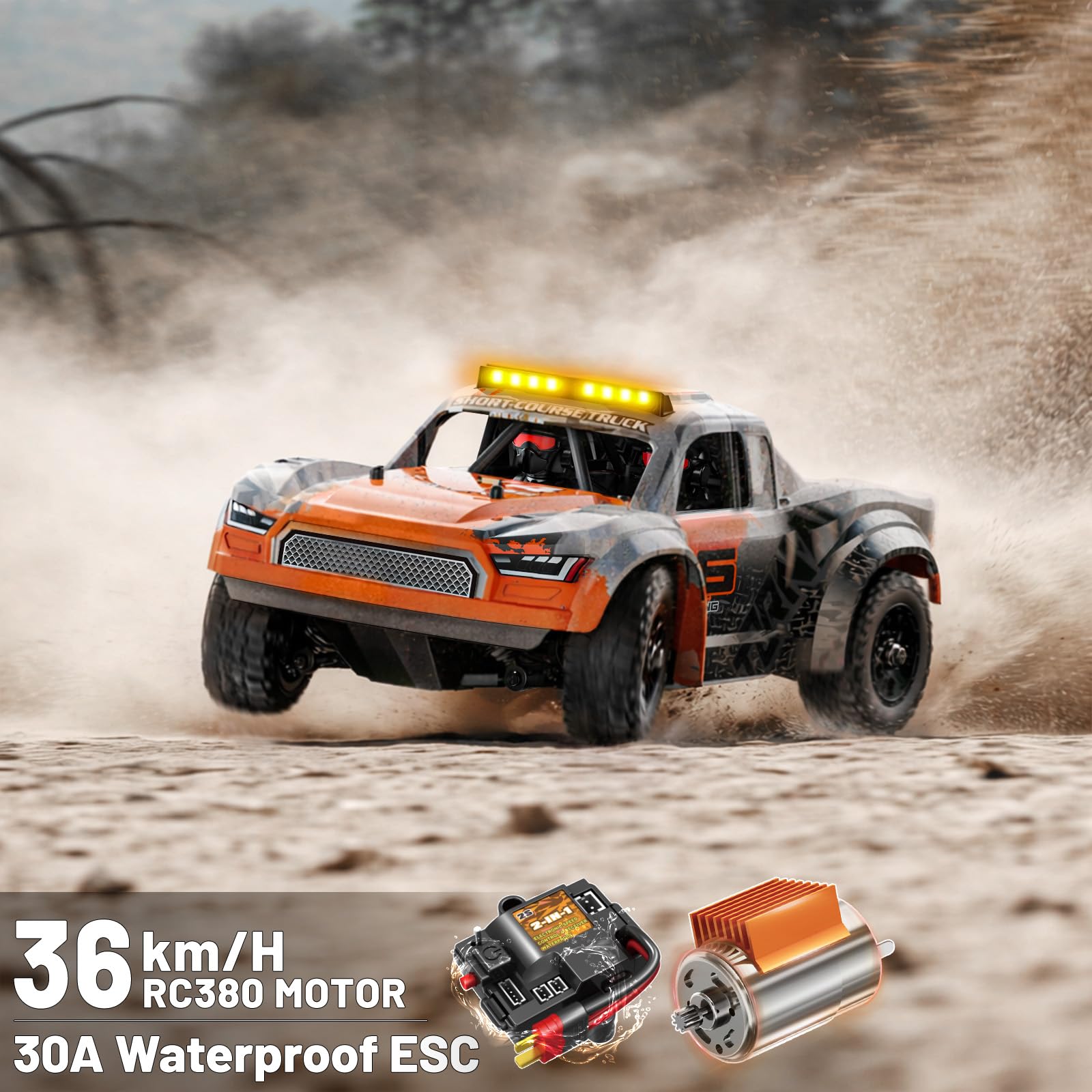 1:16 Beginner RC Cars,4WD Drift All Terrain Remote Control Car Short Course RC Truck, Up to 36 km/h,2.4GHz RTR, 2×7.4V 1300mAh Batteries, 2 Tire Sets
