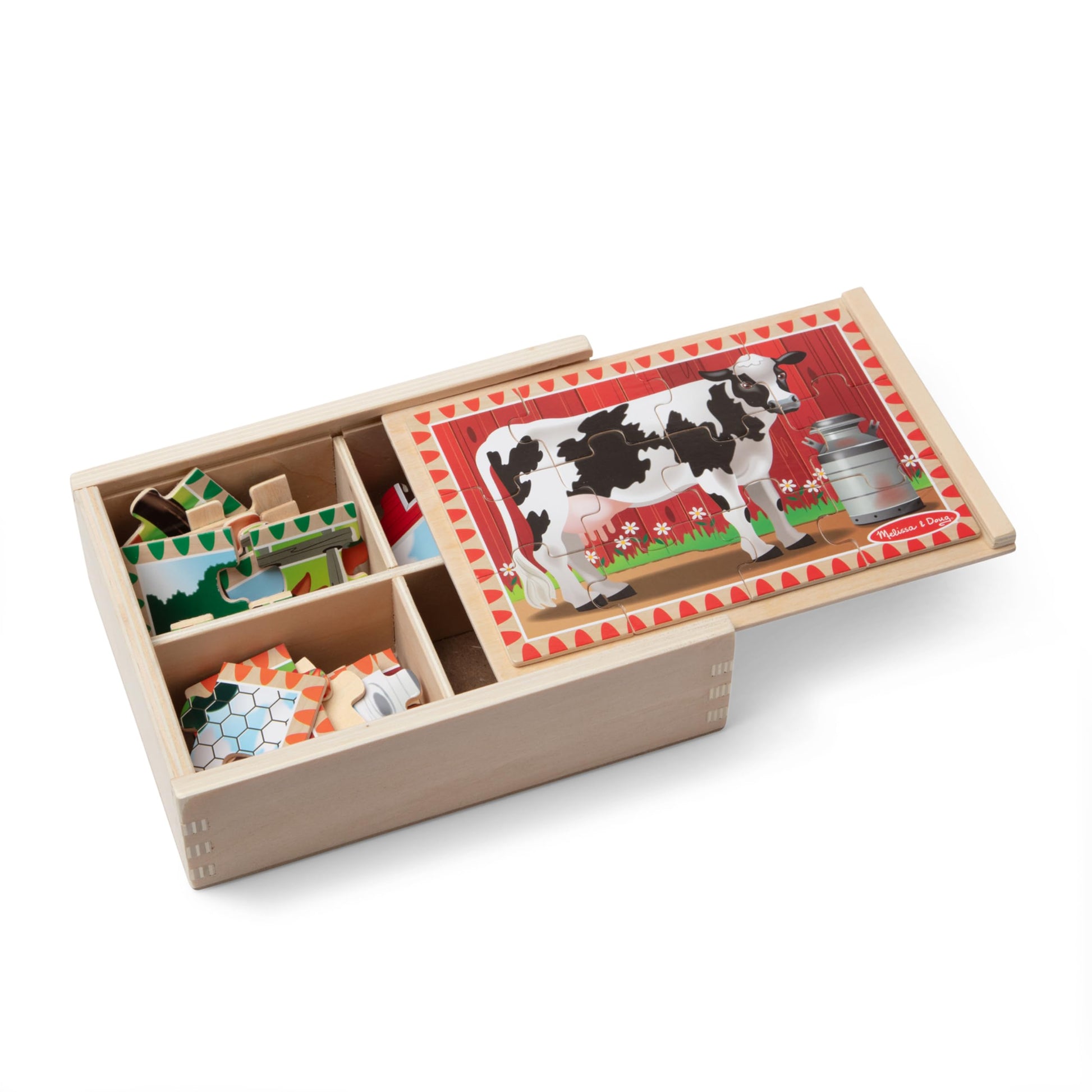 Melissa & Doug 4‑in‑1 Wooden Farm Jigsaw Puzzle Set, 48 Pieces with Storage Box, Toddler Puzzle Toy for Kids Ages 3+