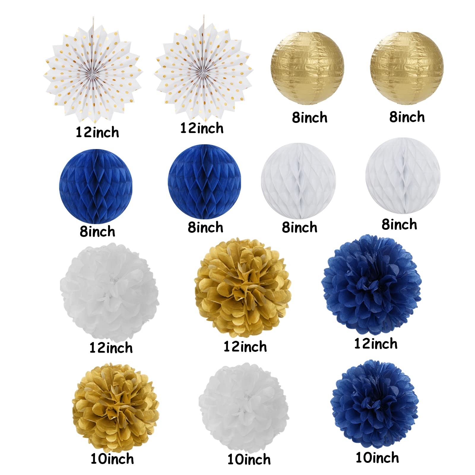 Navy-Blue White Gold Party Decorations - 14pcs Kits Paper Lanterns Fan,Tissue Flower Pom Poms Streamers,Honeycomb Balls,Graduation 2026 Men Birthday