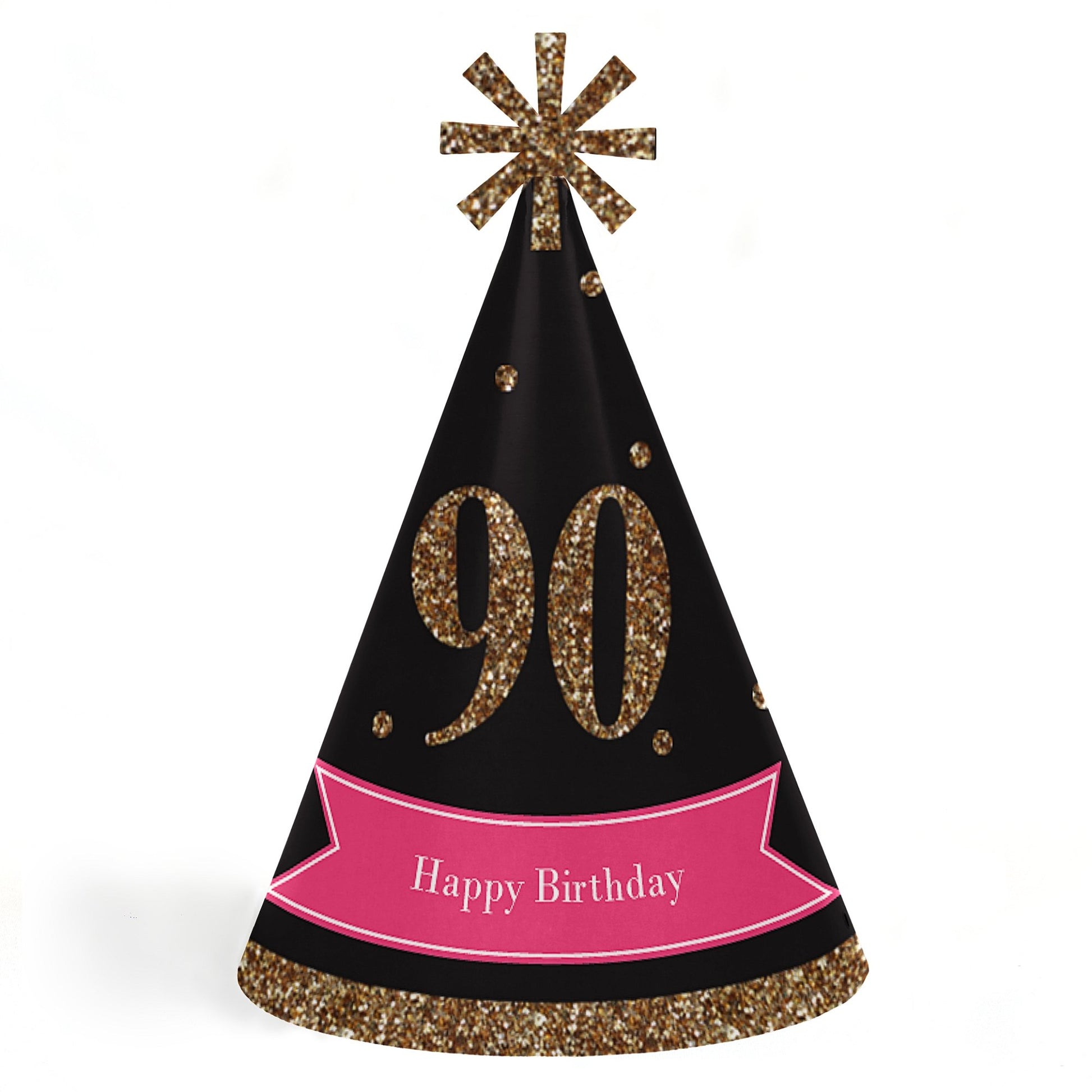 Big Dot of Happiness Chic 90th Birthday - Pink, Black and Gold - Cone Happy Birthday Party Hats for Adults - Set of 8 (Standard Size)