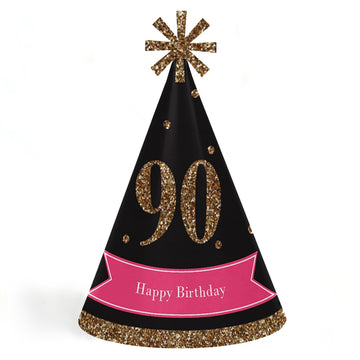 Big Dot of Happiness Chic 90th Birthday - Pink, Black and Gold - Cone Happy Birthday Party Hats for Adults - Set of 8 (Standard Size)