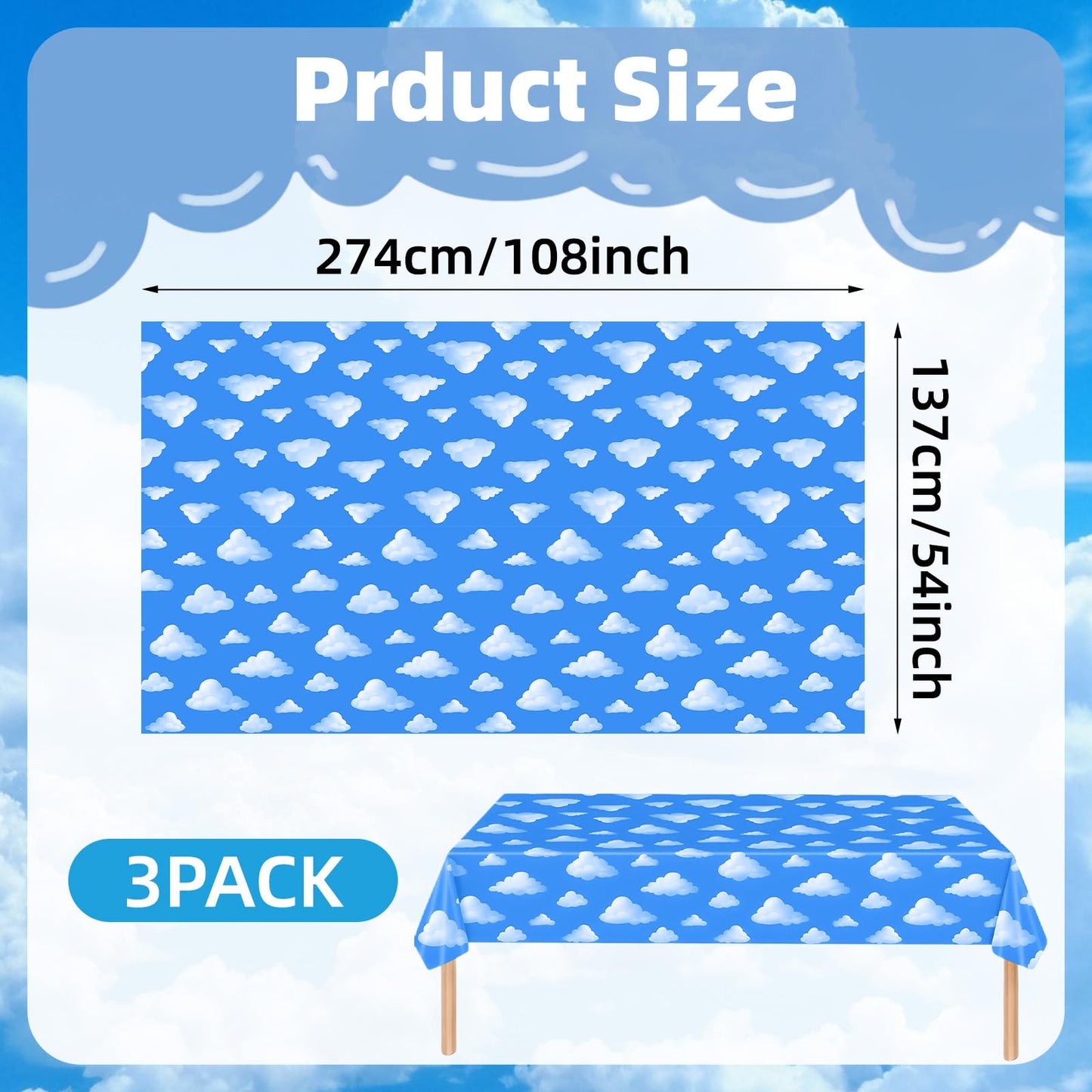 Temicle 3-Pack 54 x 108 Inch Cartoon Sky Tablecloths - Blue Sky and Cloud Disposable Plastic Covers for Kids Birthday, Baby Shower, and Party Supplies