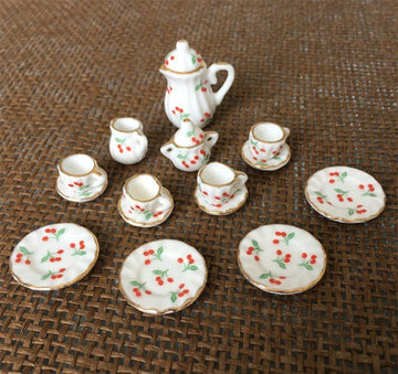 SXFSE 1:12 Dollhouse Miniature Teapot Cup Dish Set, 15PCS Porcelain Tea Cup Set Dollhouse Kitchen Accessories