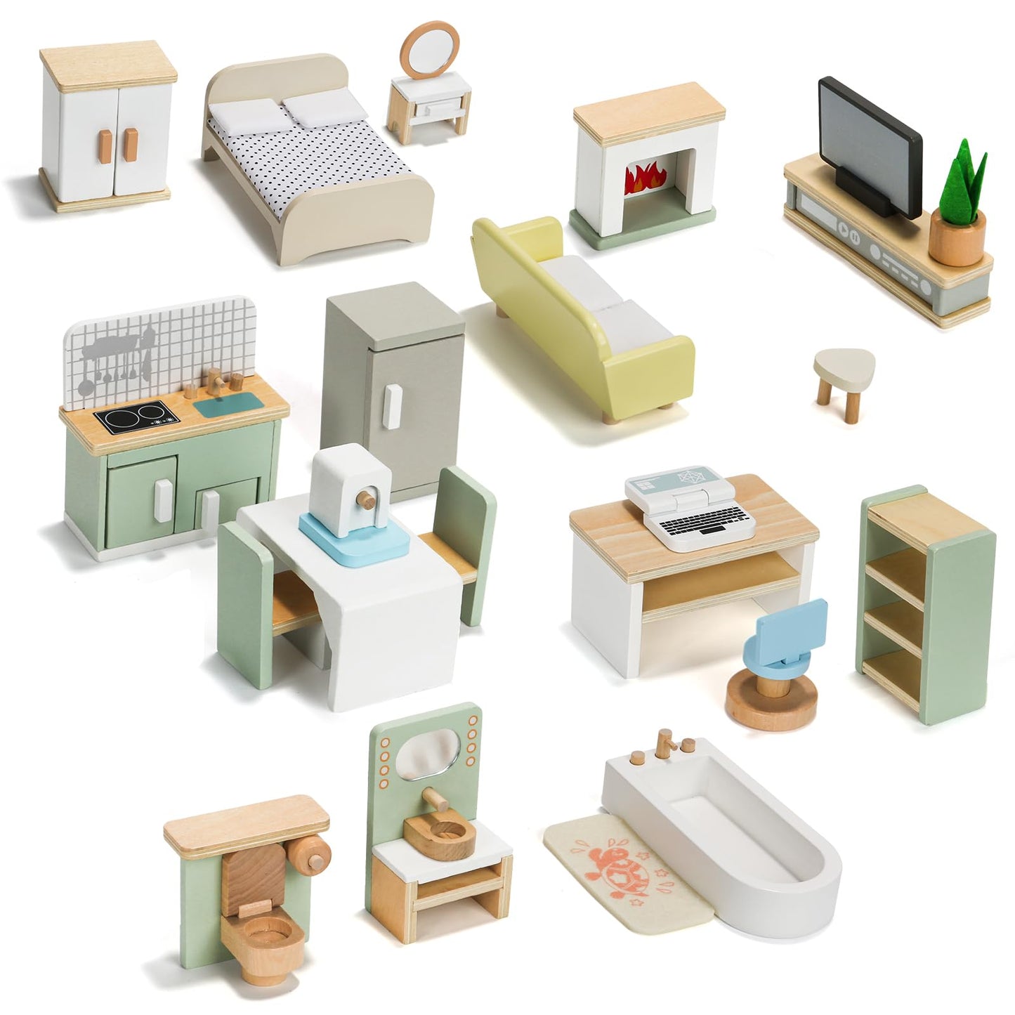 23PCS Wooden Dollhouse Furniture Set for 5 Rooms, Miniature Doll House Accessories & Furniture Toys for Toddlers, Indoor Scenes Pretend Play Toy