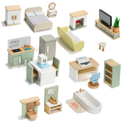 23PCS Wooden Dollhouse Furniture Set for 5 Rooms, Miniature Doll House Accessories & Furniture Toys for Toddlers, Indoor Scenes Pretend Play Toy