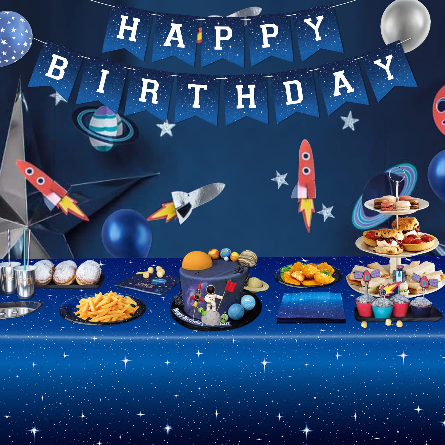 4 Pack Starry Night Tablecloth Set - 86' x 51' Rectangle Plastic Tablecloth Space Theme Table Cover - Galaxy Stars Birthday Party Supplies