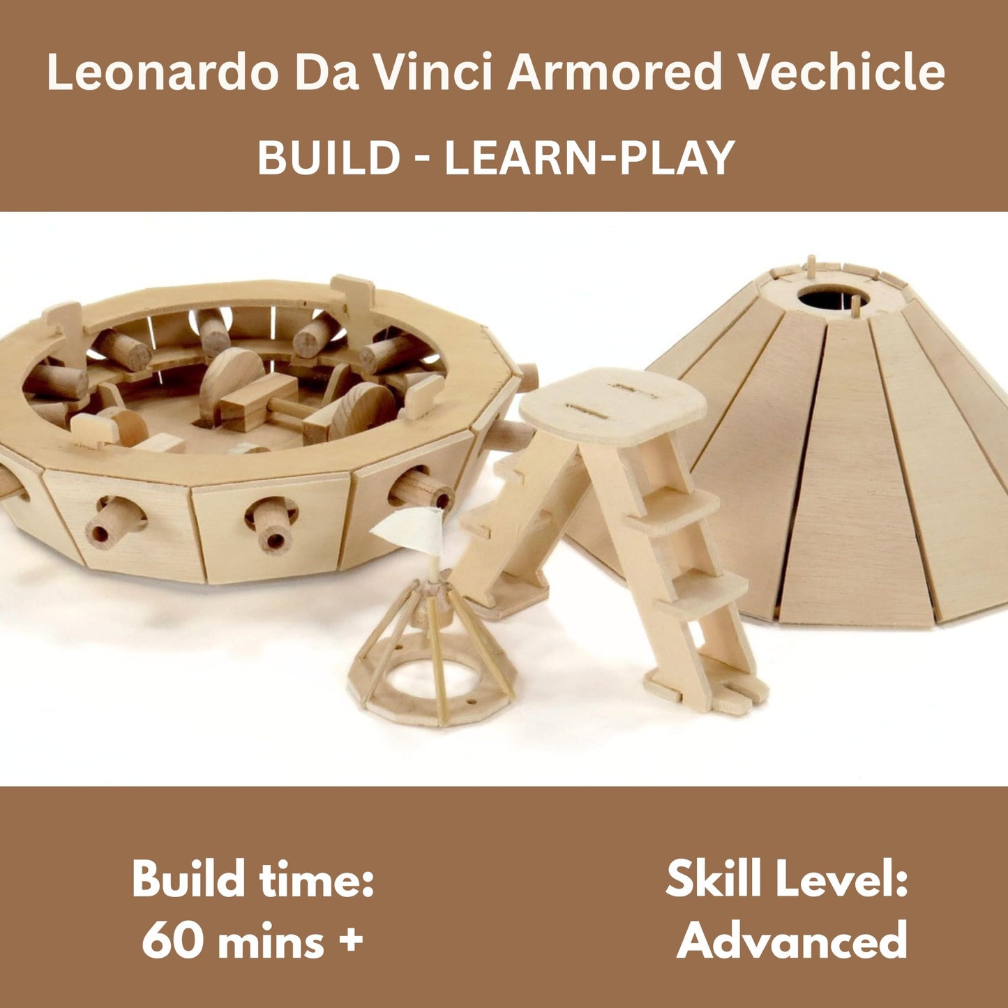 Pathfinders STEM Kit - Leonardo da Vinci Tank | Build It Yourself Wooden Model | Educational Engineering Project for Kids & Teens | Historical