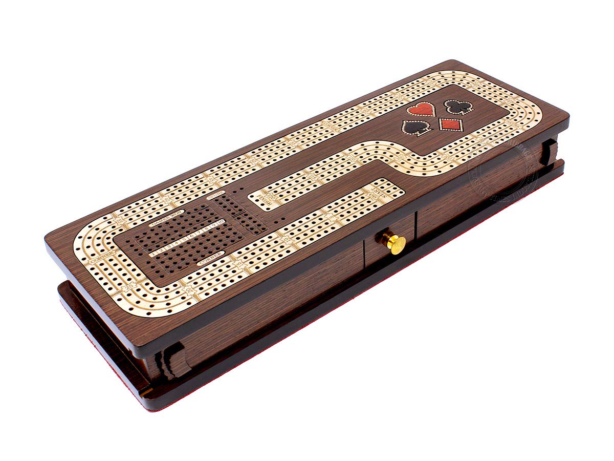 House of Cribbage - Continuous Cribbage Board/Box Inlaid in Wenge Wood/Maple : 4 Track - Cards & Pegs Storage Drawer with Score Marking Fields