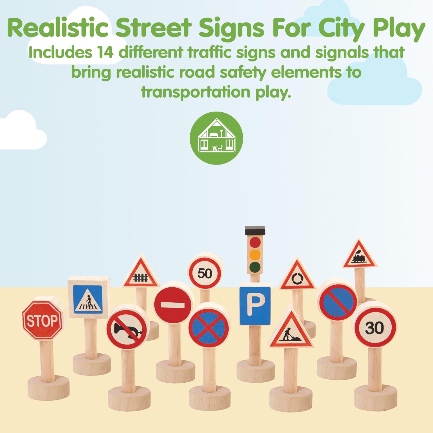 PlanToys® Traffic Signs & Lights Wooden Montessori Imaginative Play Set | Early Language, Social Skills and Real-World Awareness Activity | Eco
