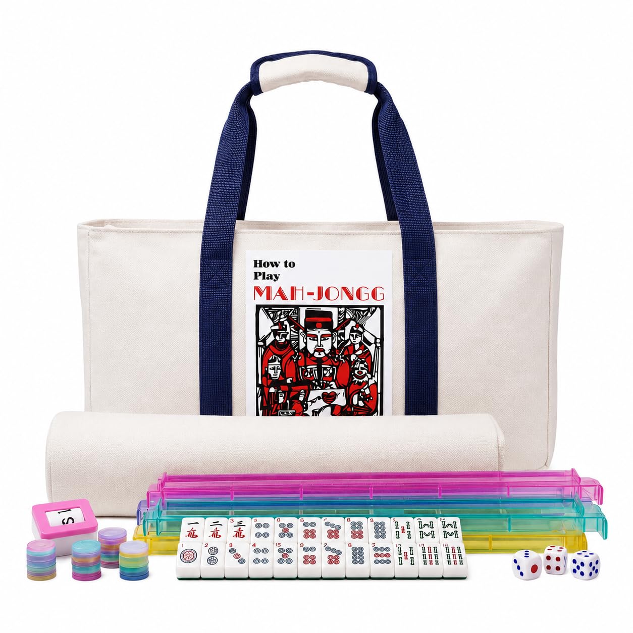 WonderTopia American Mahjong Set with Beige Navy Carrying Bag, 166 White Tiles, 4 All-in-One Color Racks and Pushers, Mahjong Tiles Set for Family