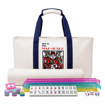 WonderTopia American Mahjong Set with Beige Navy Carrying Bag, 166 White Tiles, 4 All-in-One Color Racks and Pushers, Mahjong Tiles Set for Family