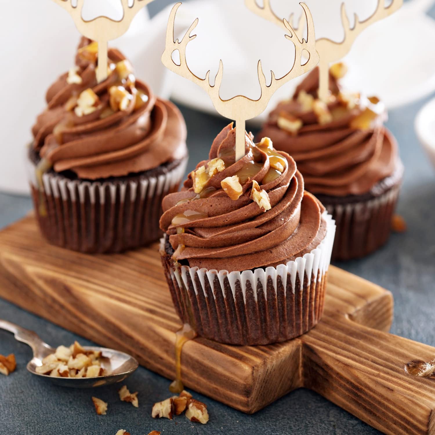 Huray Rayho Antler Cupcake Toppers Wooden Deer Cake Picks Decorations Baby Shower Wedding Hunting Boho Rustic Country Birthday Theme Party Supplies