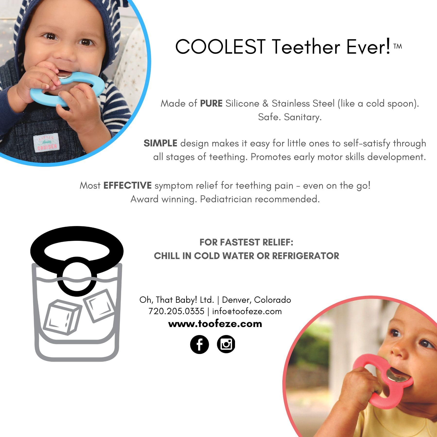 Toofeze Ice Cold Baby Teether Toy Fast Pain Relief All Natural Silicone and Stainless Steel Ages 3 Mos+ (Mint Green)