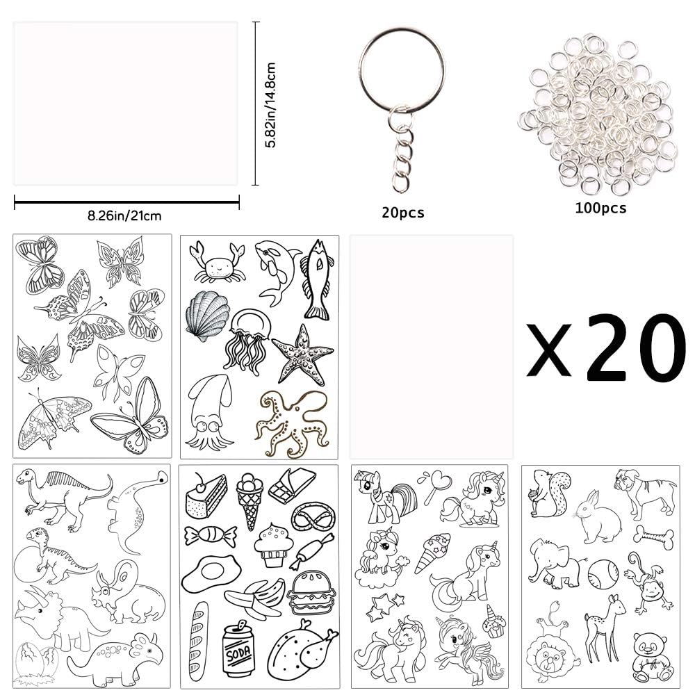 Natonhi Shrinky Dink Sheets Kit 145Pcs Shrink Art Kit Including 20pcs Shrinky Paper Sheets 6pcs Traceable Picture Keychains Accessories- Perfect