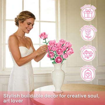Pink Rose Bouquet Building Set, Compatible with Lego Flowers for Adults Women, Botanical Collection Gift for Mother's Day & Valentine's Day Artificial