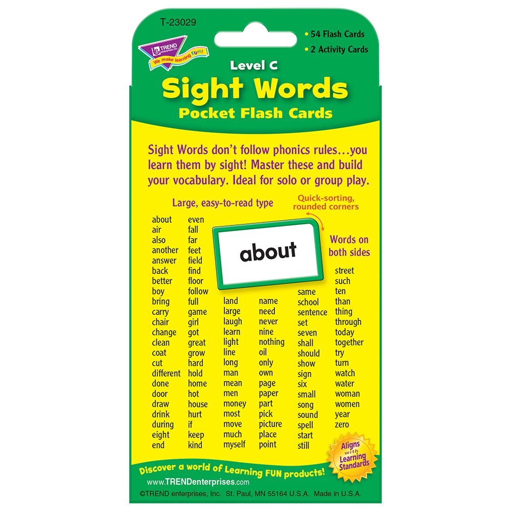 Trend Enterprises: Sight Words Level C Pocket Flash Cards, Great for Skill Building and Test Prep, 56 Two-Sided Cards Included, 108 Commonly-Used