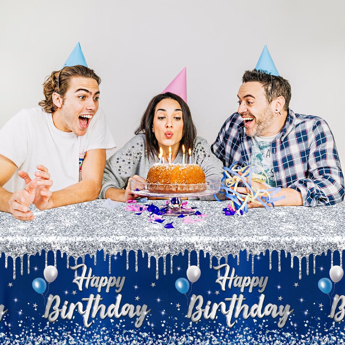 Dydamud Happy Birthday Tablecloth,3pcs Navy Blue and Sliver Table Cloths for Parties Rectangle Glitter Navy Blue Birthday Decoration for 18th 21st