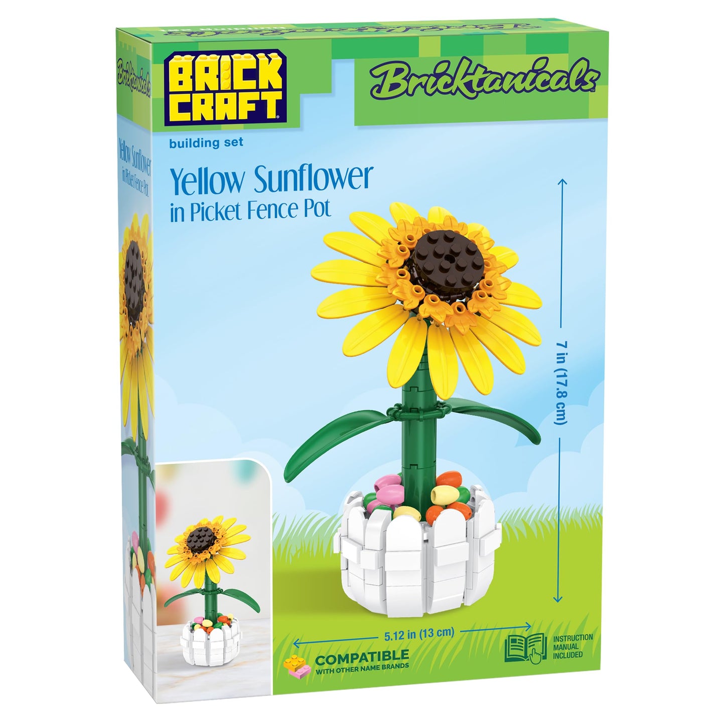 Brickcraft Bricktanicals Yellow Sunflower in Picket Fence Pot Brick Building Set, 213 Piece Botanical Flower Model, Ages 8 Plus, Collectible Build