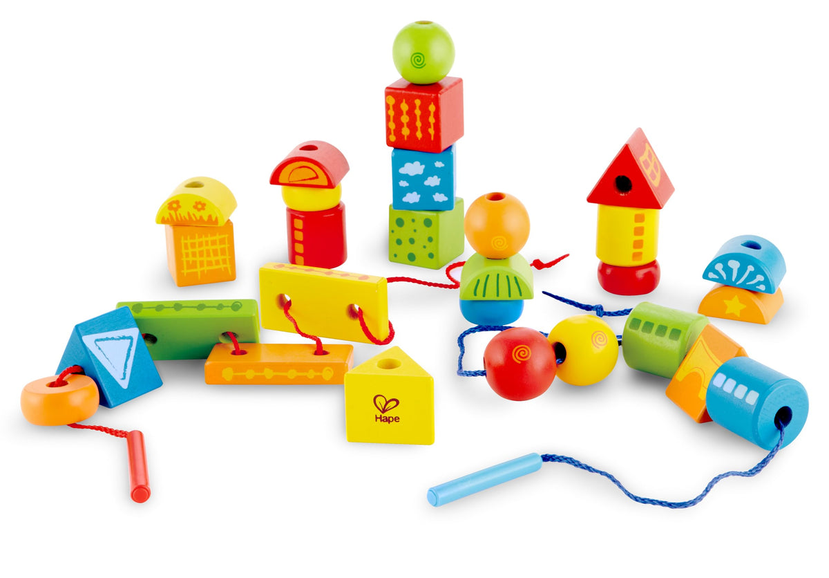 Hape String Shapes Wooden Toy Blocks in 32 Pieces, 3+ Years, Water Based Paint, String