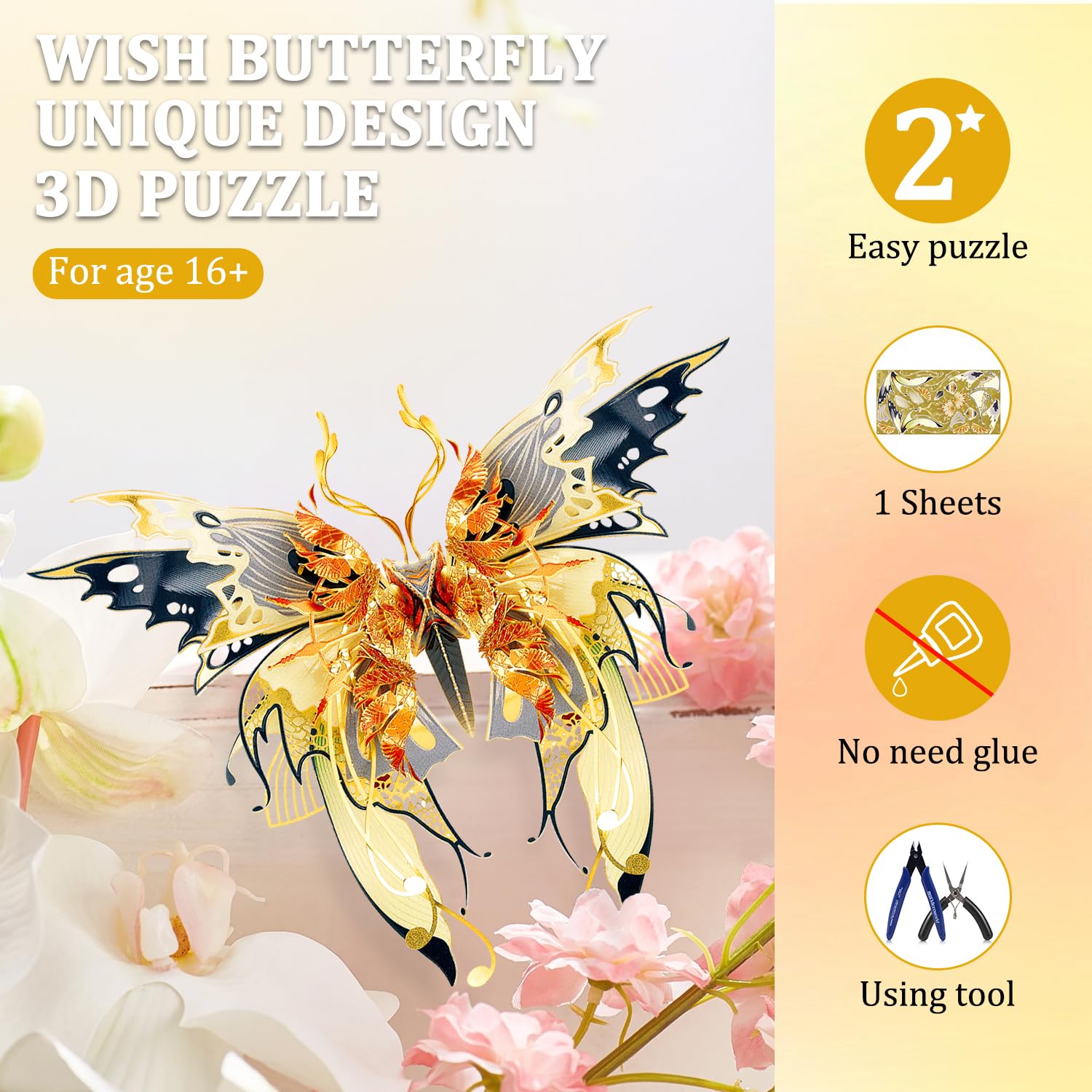Microworld 3D Metal Puzzle, 6 Styles Wish Butterfly Metal Model Kit, Family Blessing Lucky Symbol Home Decor Collection DIY Metal Earth Brain Teaser