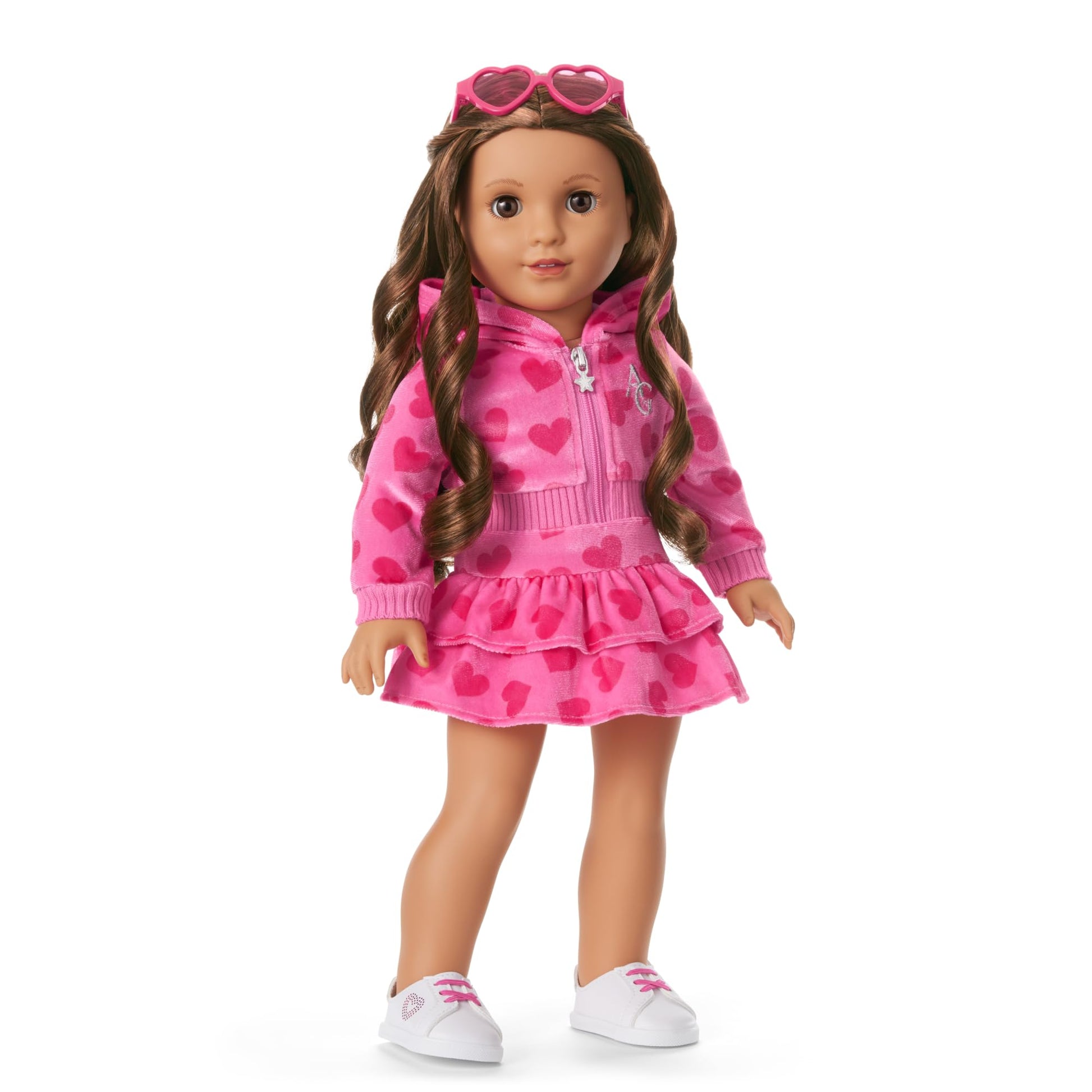 American Girl, Truly Me, Pink Hearts Hoodie Dress with Sunglasses, Doll Clothes, for 18-inch Dolls, 3pcs, Ages 6+