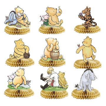9PCS Classic Winnie Centerpieces Decorations, Winnie Honeycomb Centerpieces for Birthday Party Baby Shower Decorations Table Centerpieces Table Topper