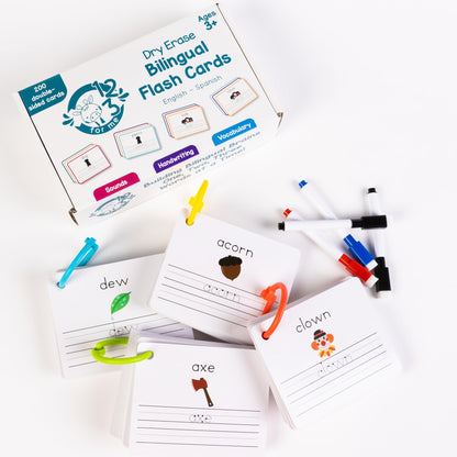 Dry Erase Spanish Flash Cards for Kids | English - Spanish Alphabet Flash Cards for Beginners - Set of 200 ESL Teaching and Learning Bilingual