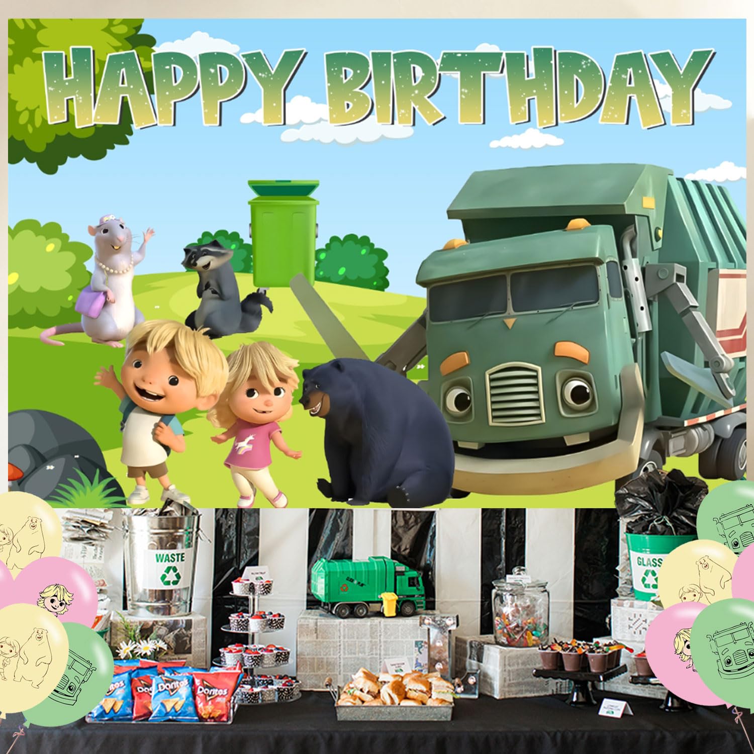 Ezcpigei Trash Truck Birthday Banner - 5x3ft, Green, 18pcs Balloons, Indoor, Wall Mount, Rectangular, Standard Banner, Waste Management