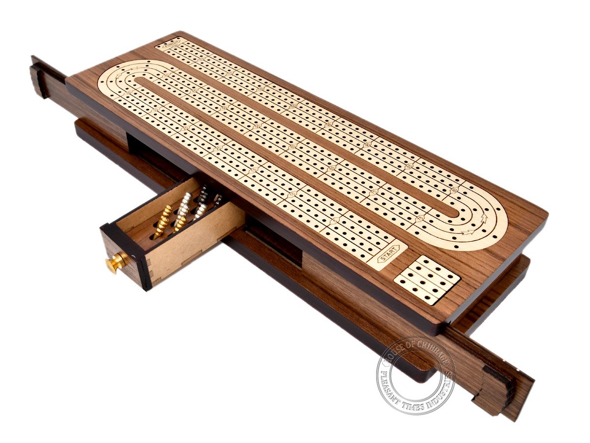 House of Cribbage - Continuous Cribbage Board Inlaid in Teak Wood/Maple Wood - 4 Track - Separate Storage Space for Two Deck of Cards & Pegs