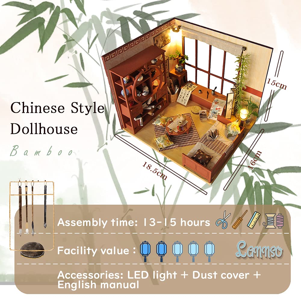 Lannso DIY Dollhouse Miniature Wooden Furniture Kit, Doll House Kit with Dust Proof Cover, Chinese Style Dollhouse,Mini Handmade Wooden Dollhouse Toys