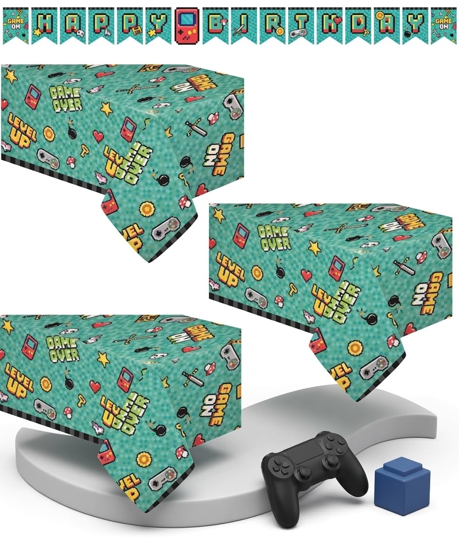 Oojami Video Gaming Party Supplies 3 Pack, 54x108" Table Covers + Banner