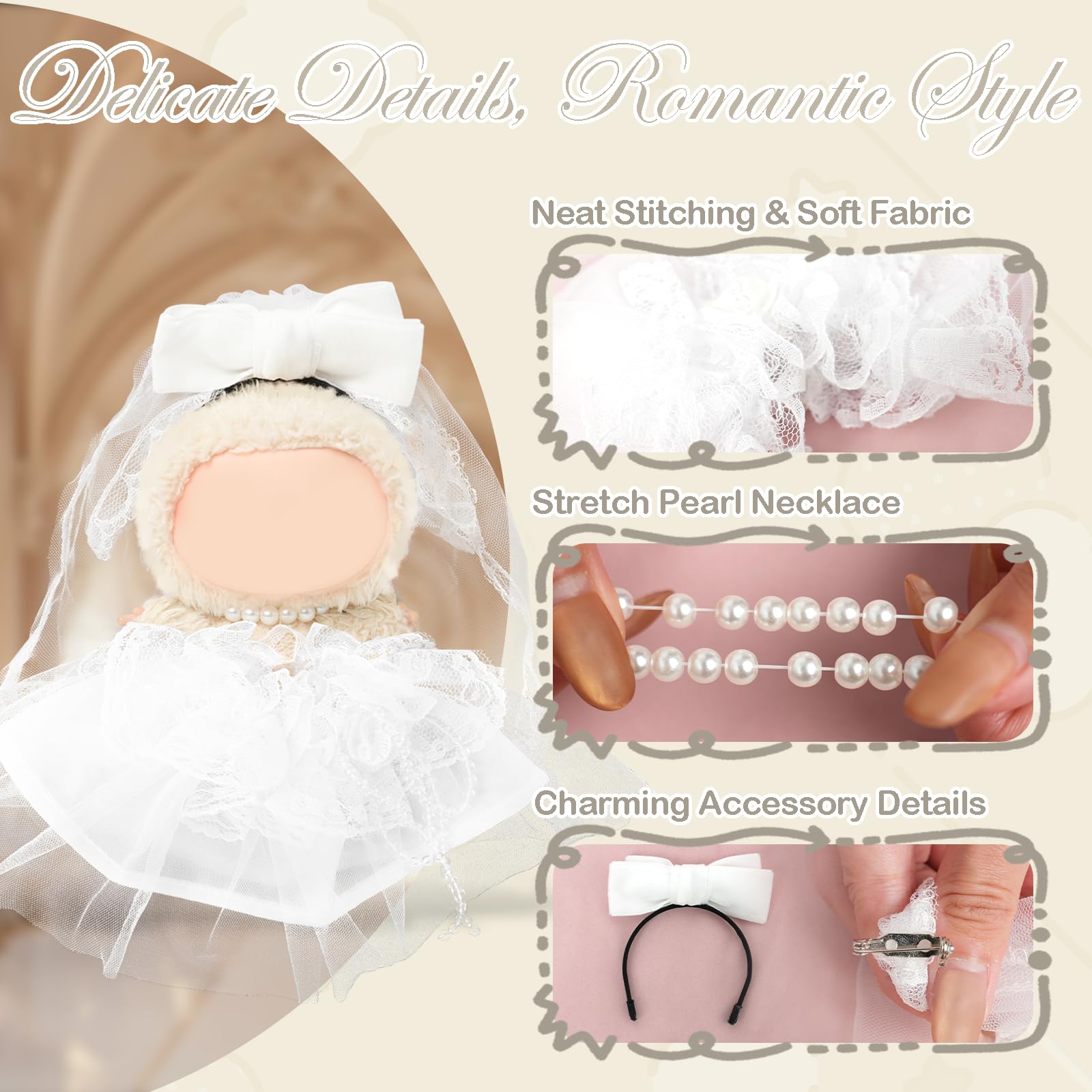 Clothes Compatible with LABUBU Doll - 4PCS Wedding Dress Set, 17cm Doll Clothes Designer Outfit for Bridal Theme, Cute Stylish Accessories for Labubu