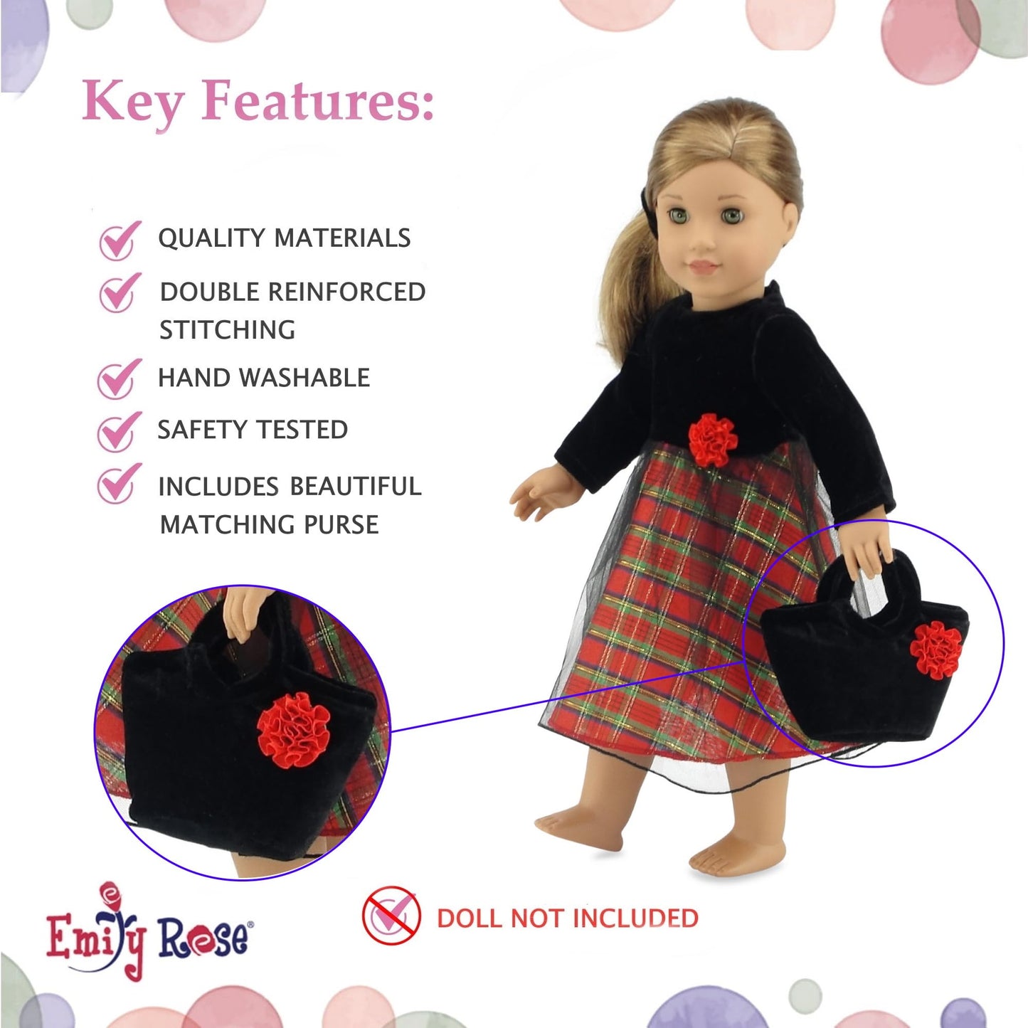 Emily Rose 18 Inch Doll Holiday Party 3-PC Dress & Purse Set | USA Brand Christmas Outfit for 18" Dolls | Quality Fabrics & Reinforced Stitching |