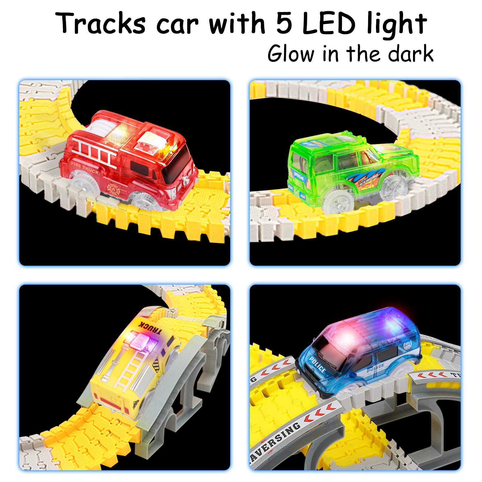 FancyWhoop Tracks Cars Replacement Only - Light Up Magic Cars for Tracks Compatible with Glow in The Dark Toy Cars with 5 LED Flashing Lights for Most