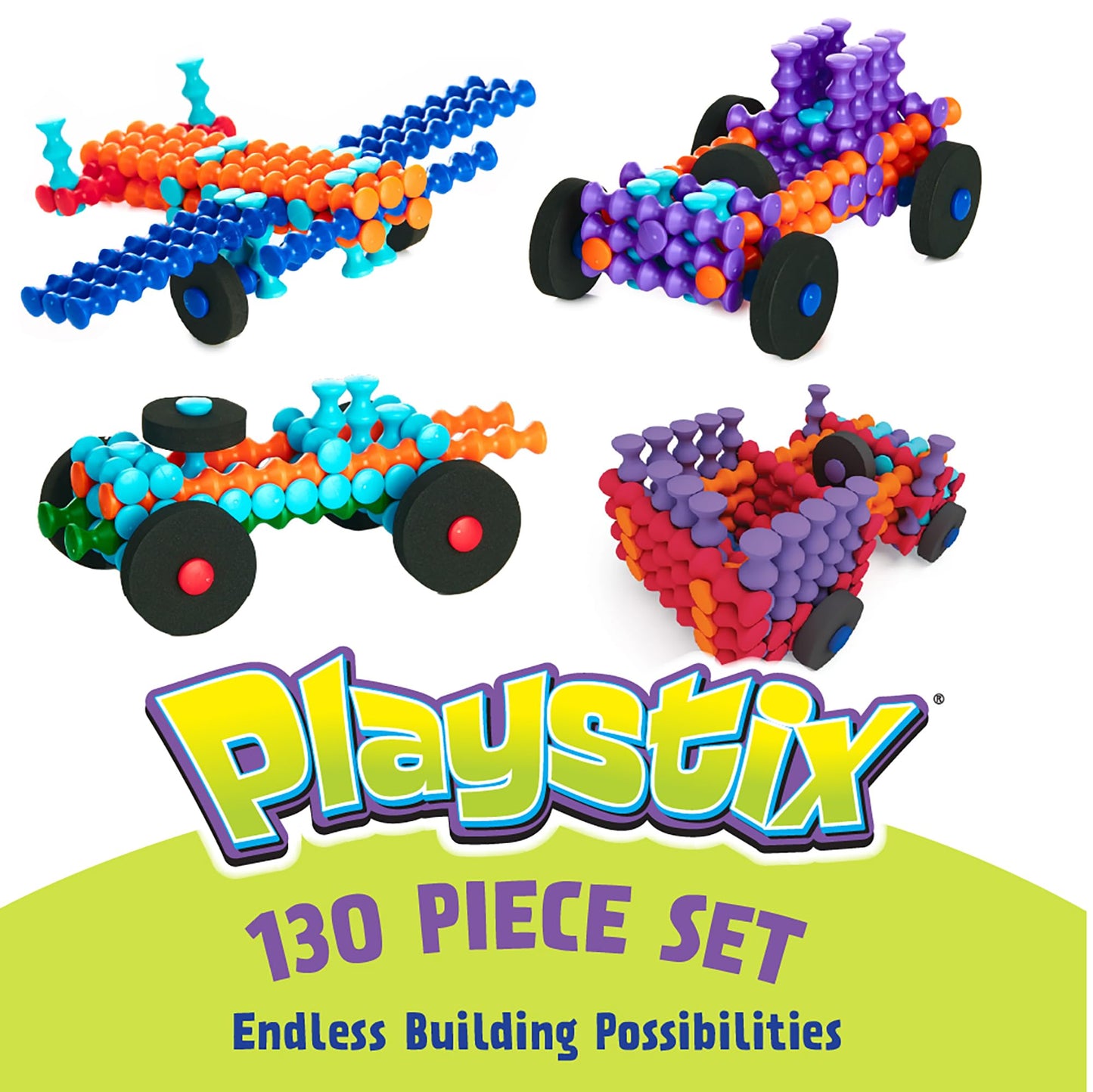 POPULAR PLAYTHINGS Playstix, Building Sticks Kit for Kids, Construction Stem Building Toy Gift for Boys & Girls - 130 Piece