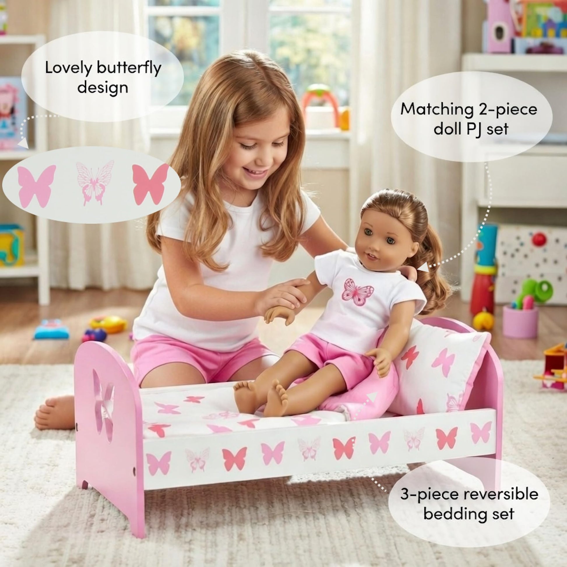 Emily Rose 18 Inch Doll Bed w/Reversible Bedding & Matching 2PC Pajamas