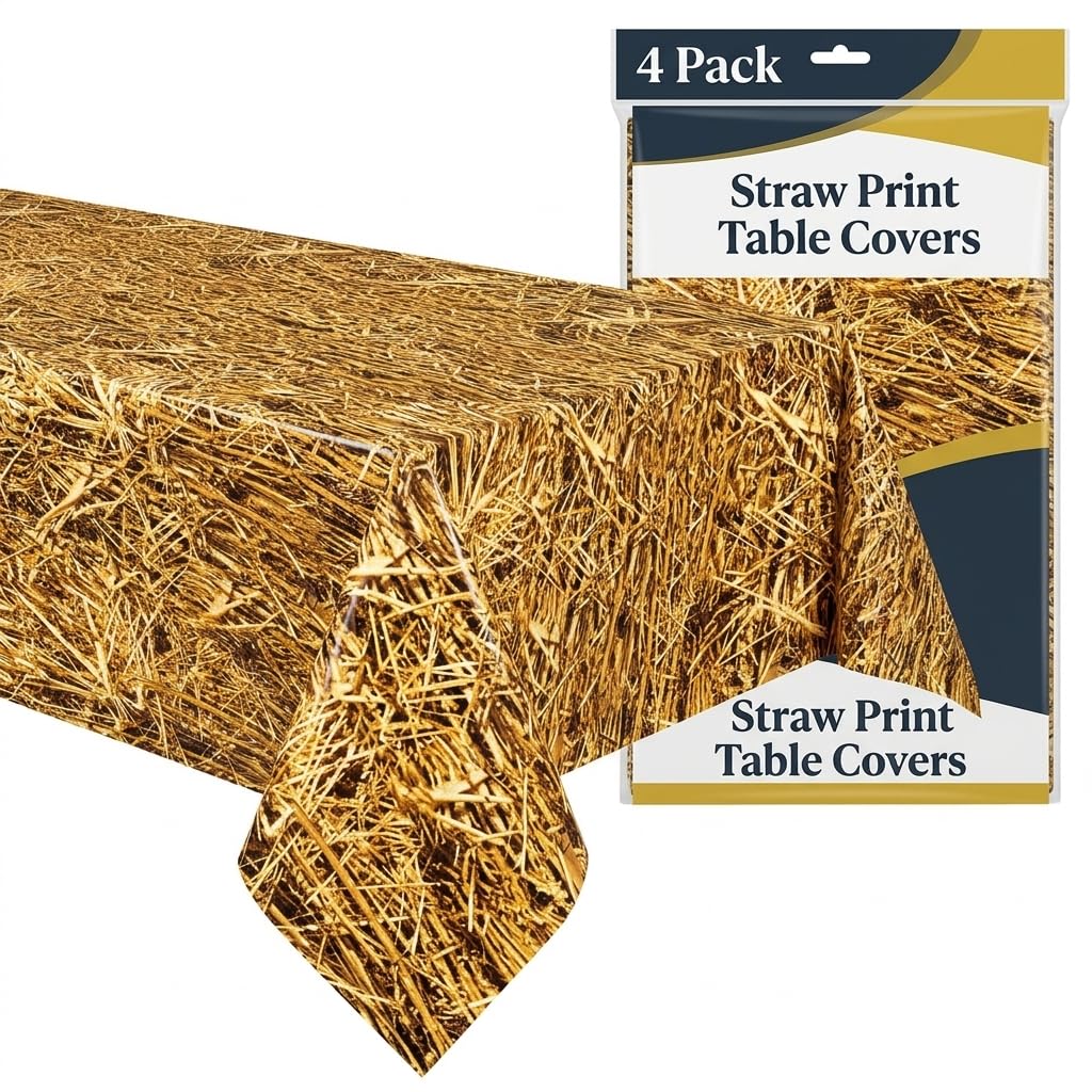 Oojami 4 Pack Straw Table Cover Western Birthday Theme Tablecloth Large Size 54" x 108" Ideal for Cowboy Theme Party, Hawaiian Luau, Carnivals, Farm