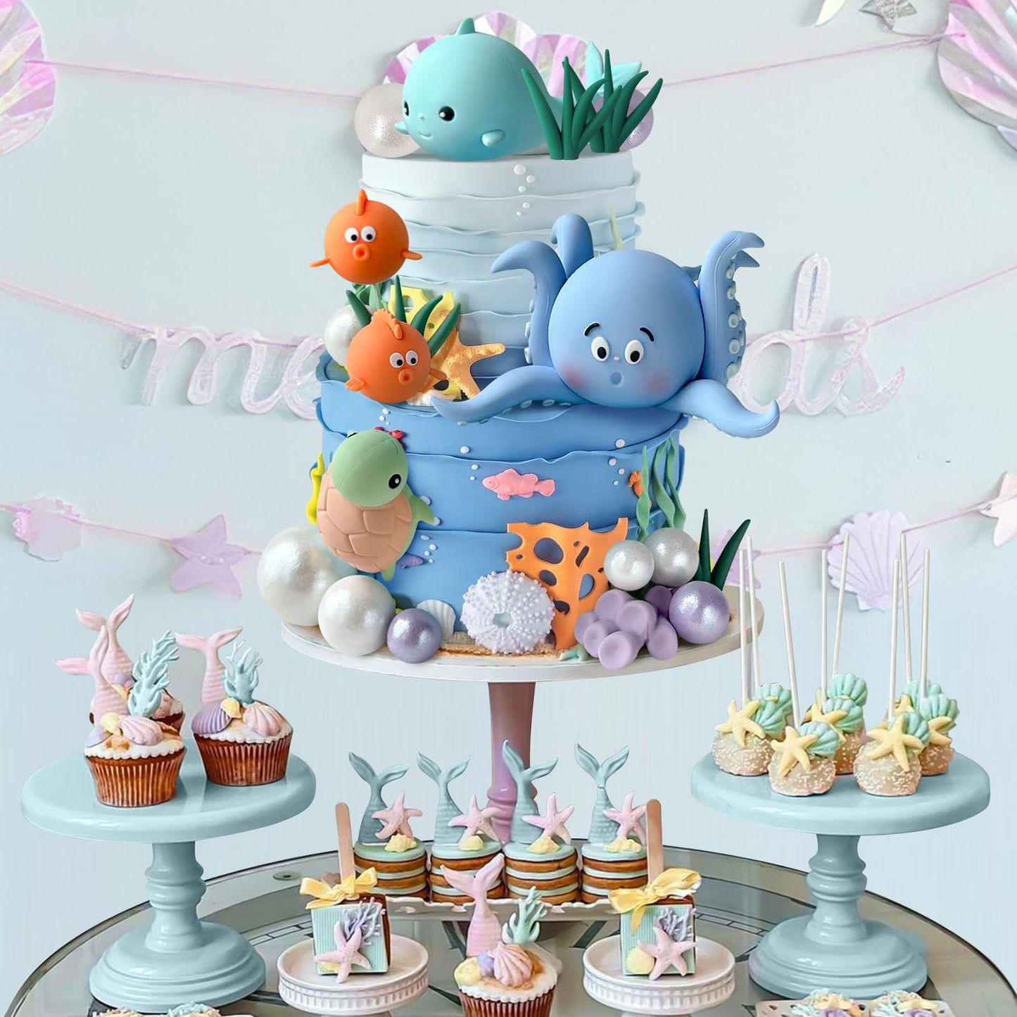 17 PCS Under the Sea Cake Decorations Ocean Animals Cake Topper with Cake Balls Decorations for Under the Sea Theme Boys Girls Baby Shower Birthday