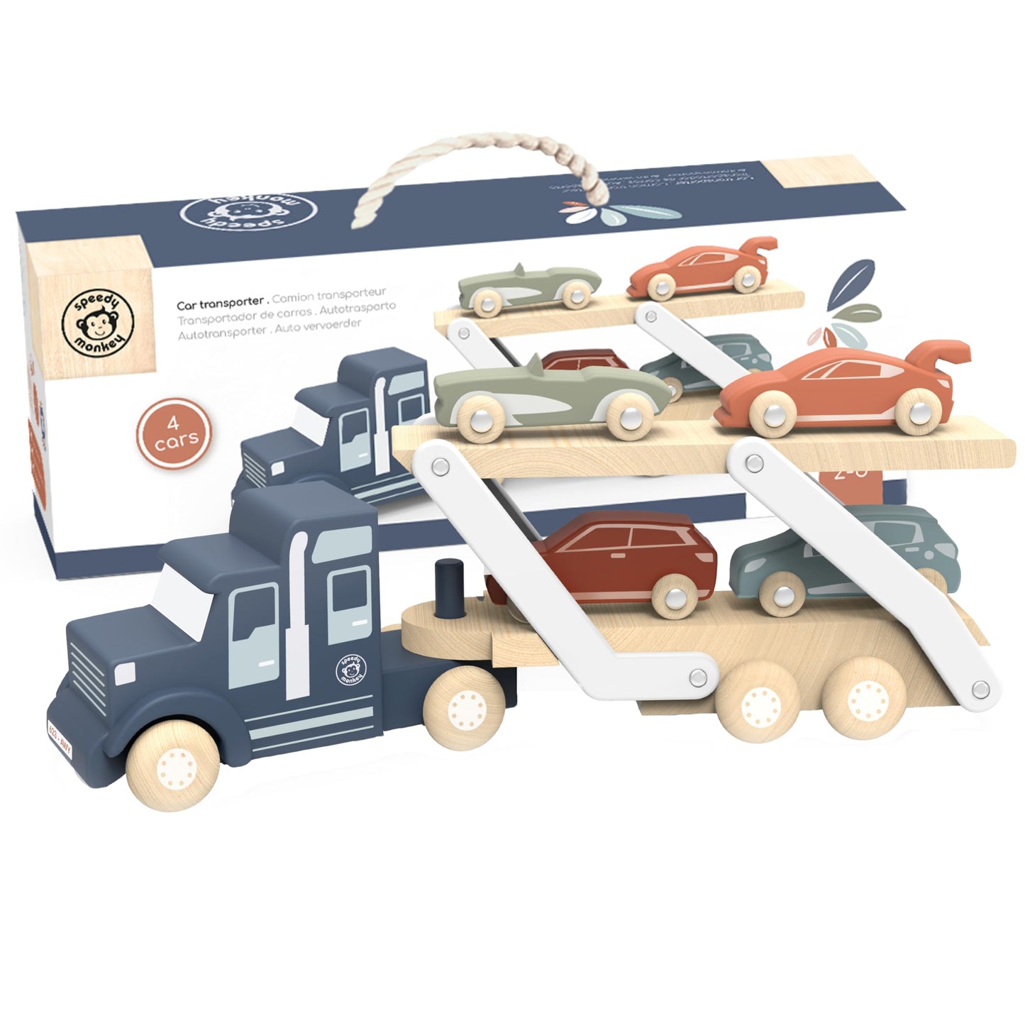 SPEEDY MONKEY Wooden Car Transporter Truck Toy Double Deck Carrier Set