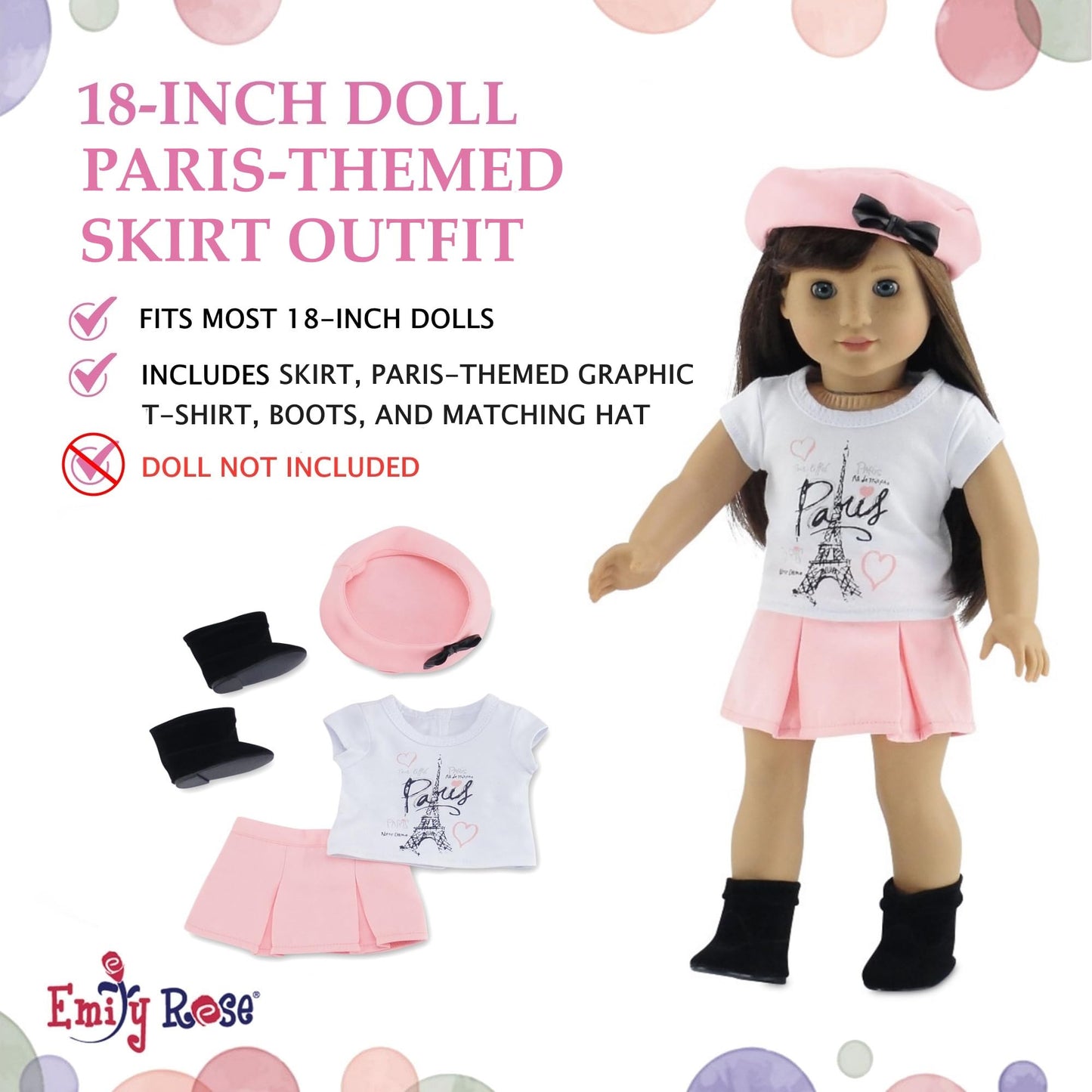 Emily Rose 18" Doll Paris Fashion Bundle - 7-Piece Chic Travel Outfit Set with Coat, Beret Hats, Graphic Tee & Ankle Boots - Gift Boxed French Style