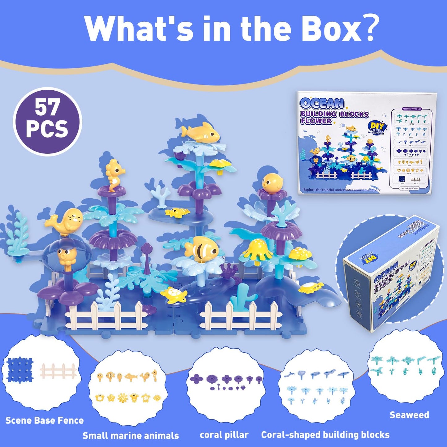 JANZOMM Ocean Building Blocks for Toddlers, 57PCS Stacking Interlocking Toy with Sea Animals & Plants, STEM Educational Kit for Kids Ages 3+