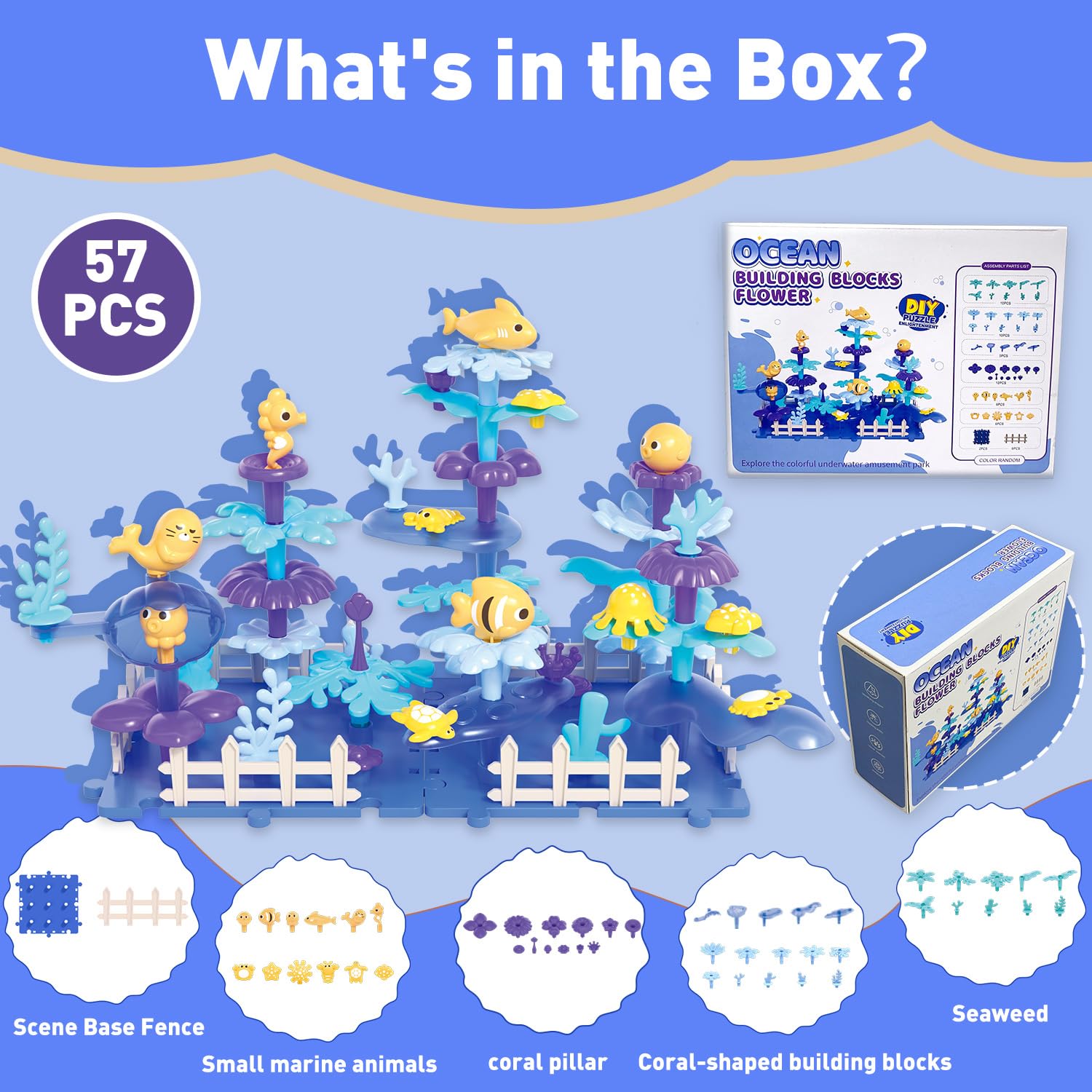 JANZOMM Ocean Building Blocks for Toddlers, 57PCS Stacking Interlocking Toy with Sea Animals & Plants, STEM Educational Kit for Kids Ages 3+
