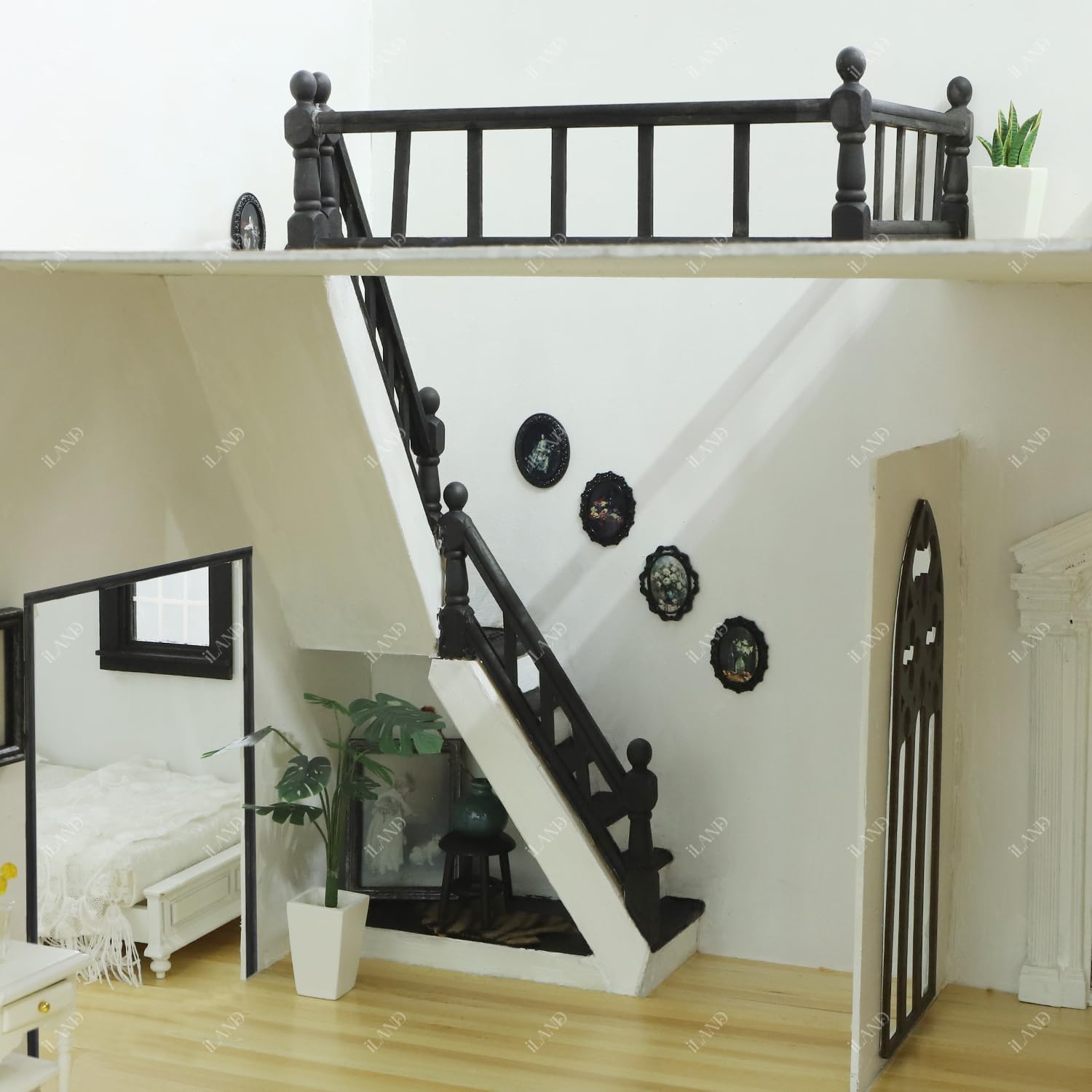 iLAND 1/12 Scale Accessories of Miniature Wooden Dollhouse Staircase with Adjustable Handrails and DIY Railing Complete 2 Stairs Sets for Modern or