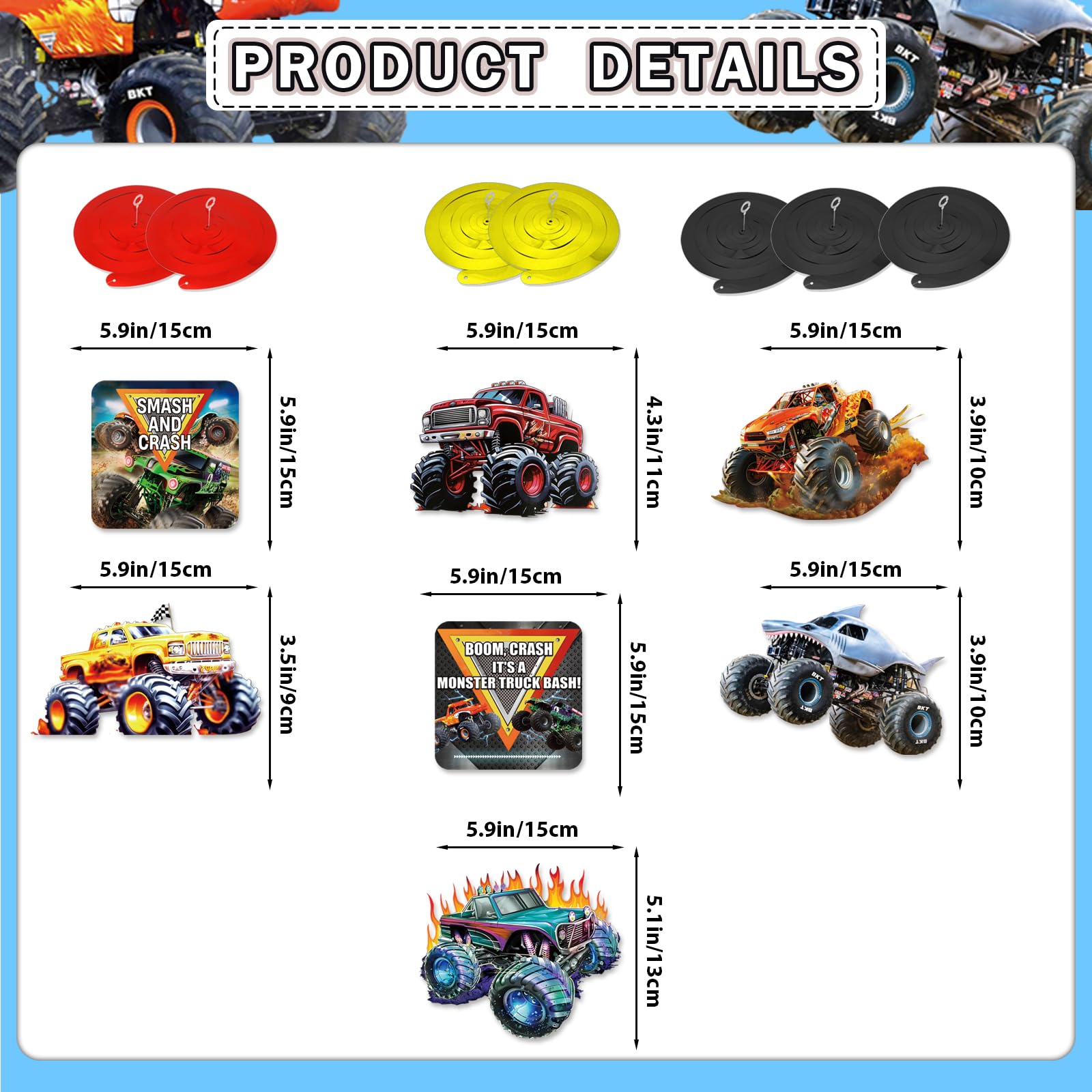 12 Pcs Monster Truck Hanging Swirls Monster Truck Birthday Decorations, Monster Truck Party Decorations, Monster Truck Decorations for Boys Kids